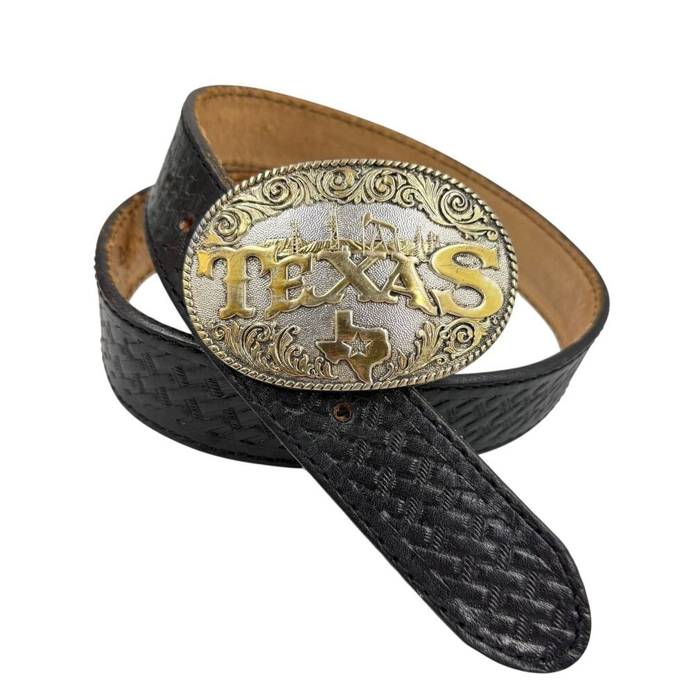 Texas Belt Buckle Black Basketweave Leather Western Rodeo Size 34 Made in USA